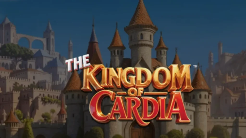Cenário fantástico e colorido do jogo The Kingdom of Cardia com elementos de cartas de baralho