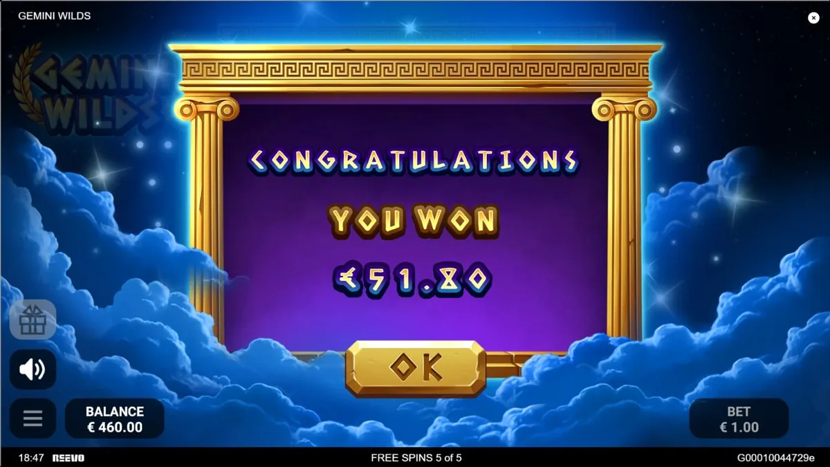 Interface do slot Gemini Wilds com tema de constelações e mitologia grega