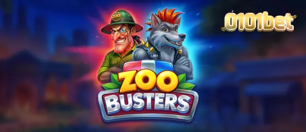 Cena vibrante do jogo Zoo Busters com animais punk e elementos visuais de caos urbano