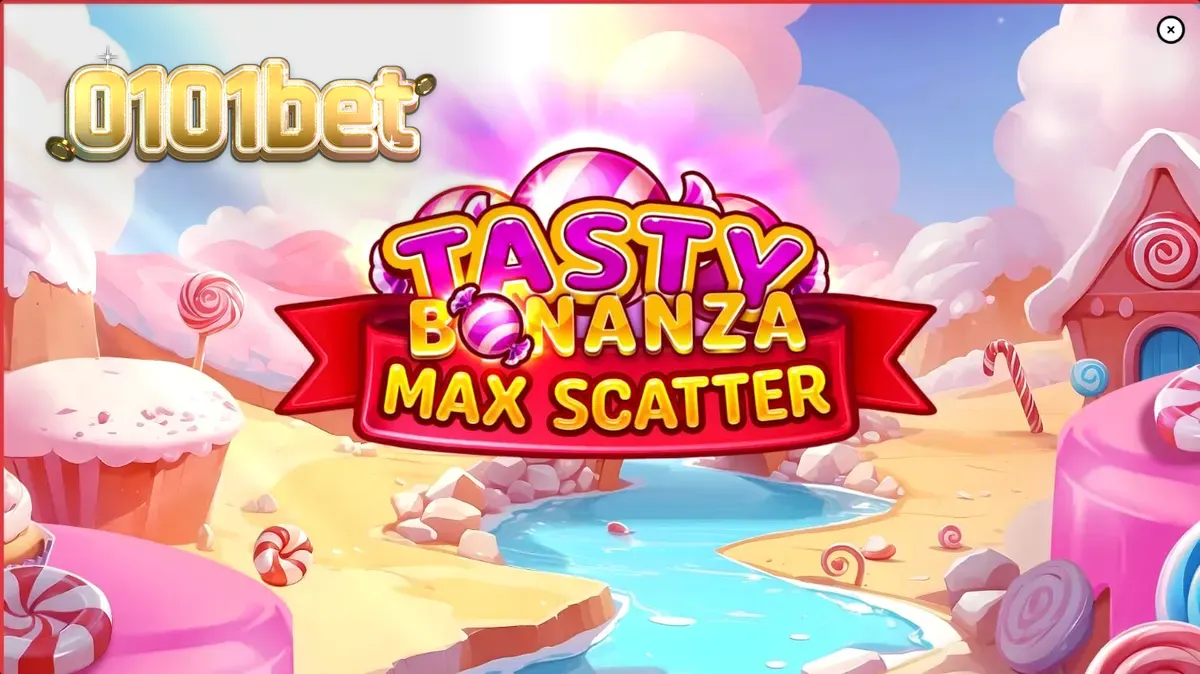 Interface colorida e vibrante do slot Tasty Bonanza Max Scatter com símbolos de doces.